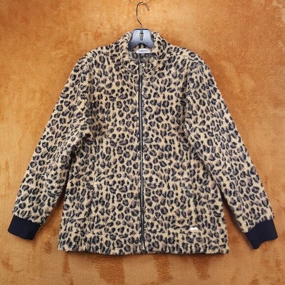 Calvin Klein Jackets & Blazers - CALVIN KLEIN Womens Jacket Large Tan Leopard Zip Up Sherpa Plush Teddy Pockets